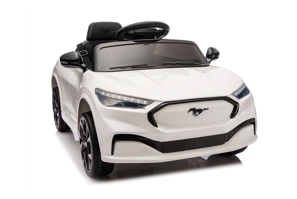 Hvid Ford Mustang Mach-E til børn, 2x24V motorer og lædersæde.
