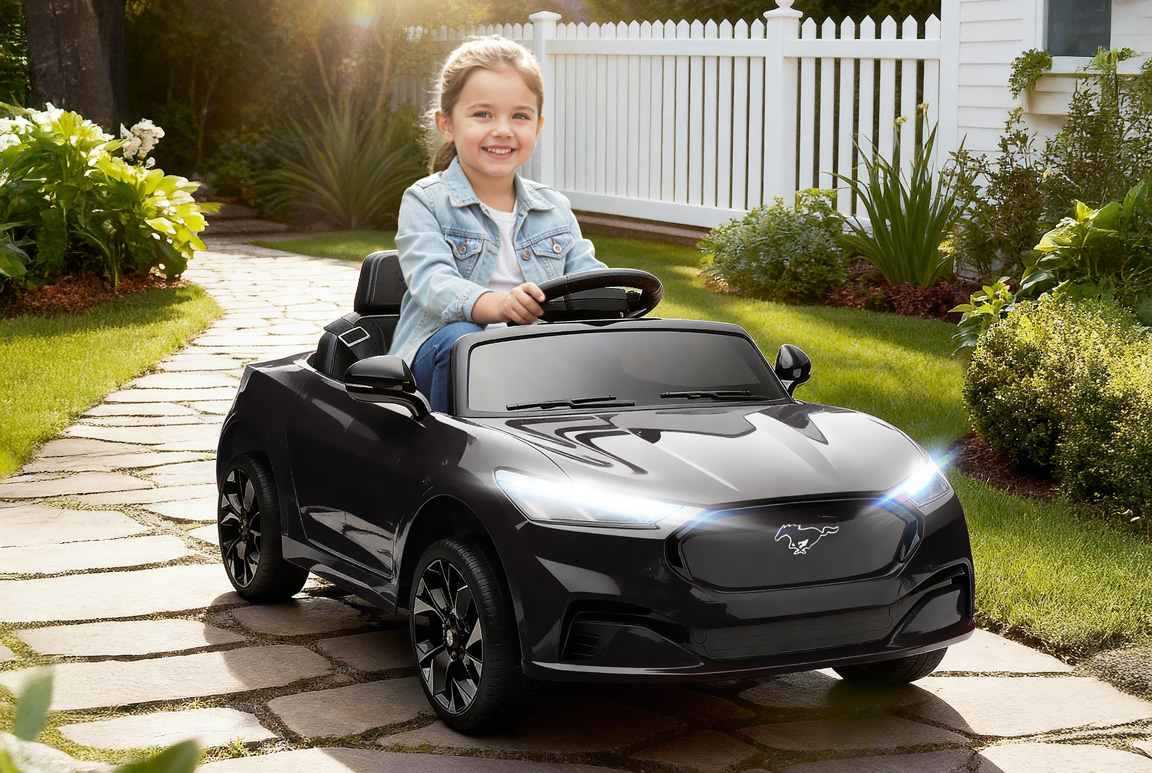 Ford Mustang Mach-E til børn, 2x24V motorer og lædersæde, Sort