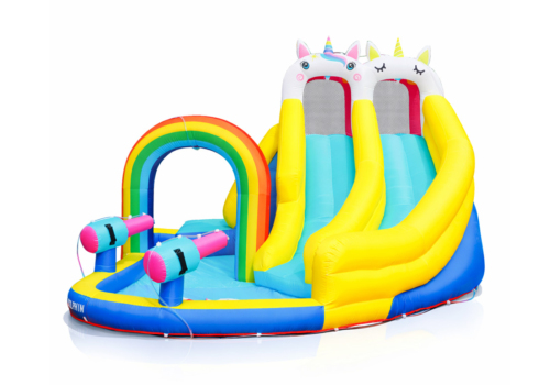 Stort oppusteligt Doctor Dolphin Unicorn Vandland og Hoppeborg til haven, 351x430x232 cm