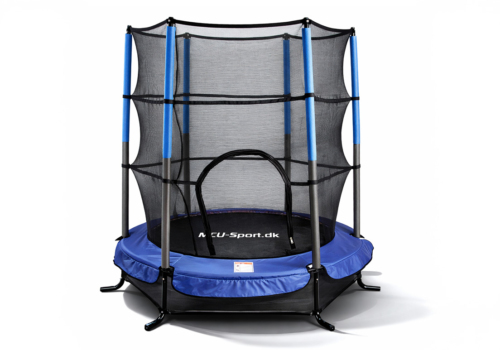 Trampolin til små børn Ø140 cm med sikkerhedsnet – MCU-Sport Junior Trampolin til indendørs og udendørs brug. Blå farve.